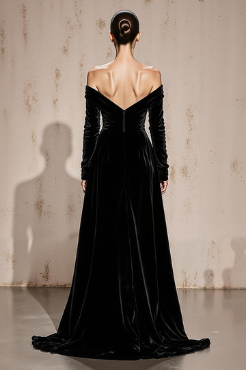 Black Off the Shoulder Velvet Long Sleeve Formal Dress